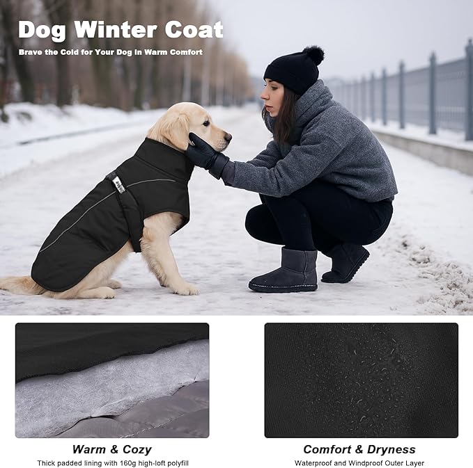 DoggieKit Dog Winter Coat, Waterproof Warm Jacket with Harness Built in, Reflective Cold Weather Doggie Vest, Windproof Turtleneck Pet Snowsuit, Adjustable Puffer Jacket for Medium Dogs, Black 3XL