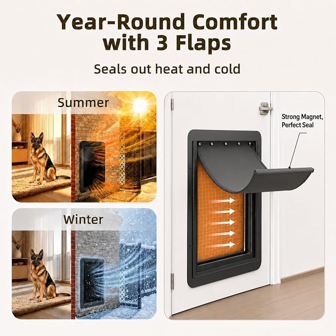 URSPET Large Dog Door for Wall, 3-Flap Insulated, Steel Frame, Black | 10.25 x 16.25 in Usable Opening, For 4.3-7.8 in Walls, Compatible with PetSafe Wall Cutouts, Lock Panel, Replaceable Flaps