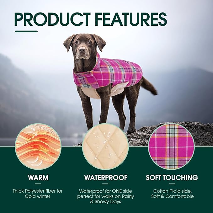 Kuoser Waterproof Dog Coat, Reversible Dog Jacket for Medium Dogs, Adjustable Durable Doggie Winter Coat Warm Puppy Cold Weather Apparel from Small to Large Breed, Rose M
