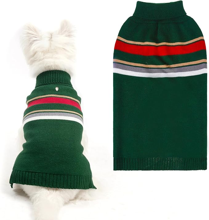 PAWCHIE Stretchy Knitted Cat Dog Outfit, Green S, Warm Turtleneck Coat with Leash Hole for Small to Large Dog Girls, Boys