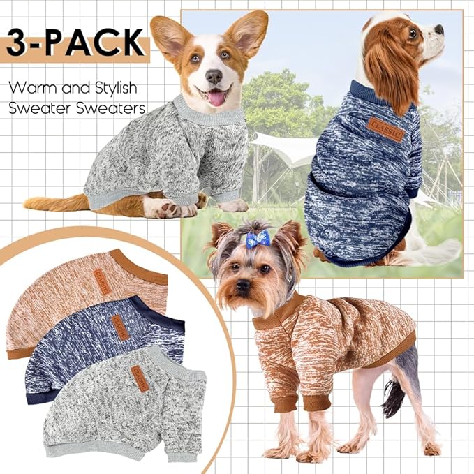 3 Pack Dog Sweaters for Small Dogs Girl Boy Winter Fleece Clothes Warm Soft Dog Sweatshirt Outfit for Dogs Cats Pet Apparel (Khaki, X-Small)