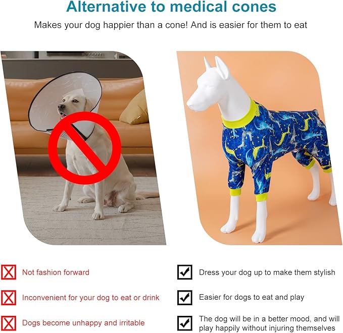 LovinPet Large Dog Pj - Pet Anxiety Calming Shirt, Dog Jammies for After Surgery, Lightweight Fabric, Blue Dragon Print, Pitbull Clothes, Long-Sleeved 4 Leg Style Pullover Dog Onesie, Dark Blue XL