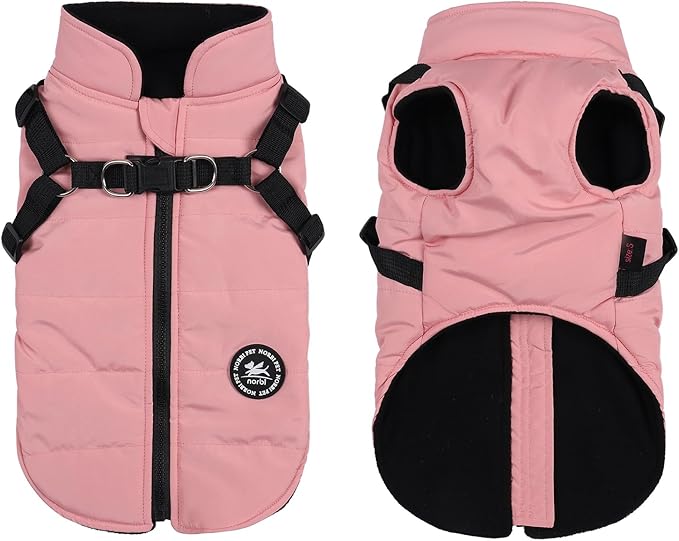 Norbi Small Dog Coat with Harness Built in for Winter, Waterproof Puffer Jacket Vest for Small Medium Breeds, Easy Walk Warm Gear for Chihuahua Yorkie Puppy(Pink, XS)