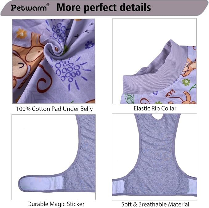 PetWarm Recovery Suit for Dogs, Dog Surgical Recovery Suit Female and Male, Dog Onesie for Surgery, Anti-Licking Dog Surgery Recovery Suit, Monkey Pattern, Grey, S