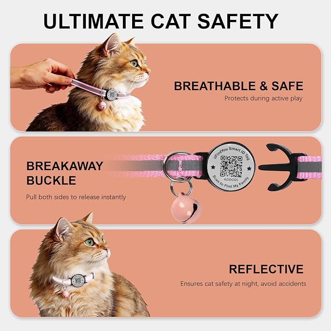 Breakaway Cat Collar QR Code, Reflective Bell, Adjustable Kitten Black/Pink 2pk