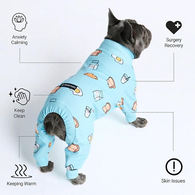 Spark Paws Dog Pajama, Dog Recovery Suit Male, Onesie, Ultra-Soft and 4-Way Stretch, for Small Medium and Large Breeds - Breakfast Blue - XL