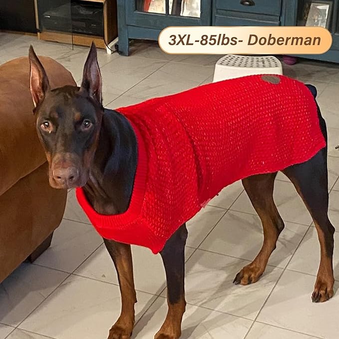 KYEESE Dog Sweater for Large Dogs with Leash Hole Warm Pullover with Reflective Yarn Male Thick Stretchy Knitwear Winter Soft Pet Coat boy Cold Weather Comfy Dog Sweaters,Red,XXX-Large