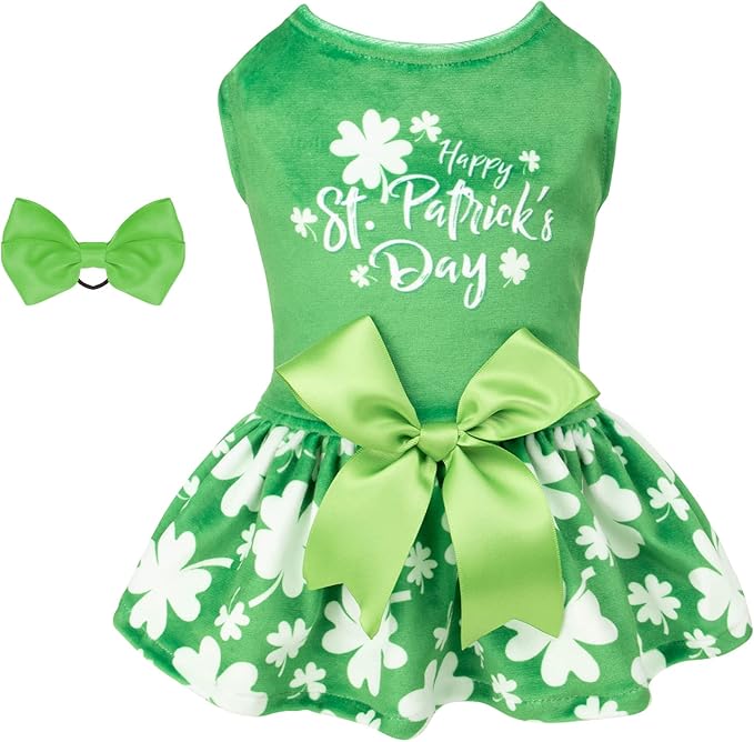 CuteBone St.Patrick's Day Dog Green Dress Velvet for Small Dogs Girl Puppy Dresses Clover Dog Clothes CVA14XXS-D