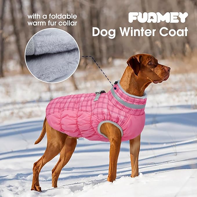FUAMEY Dog Coat for Small Dogs,Waterproof Dog Winter Jacket with Harness Built in Puppy Cold Weather Coats Reflective Pet Vest with Zipper Warm Fleece Dogs Snowsuit Windproof Rose Plaid XS