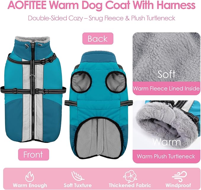 AOFITEE Dog Coats for Large Dogs, Waterproof Dog Winter Jacket with Harness Built in, Warm Large Dogs Coat with Fleece Lined, Zip Up Pets Jackets for Golden Retriever, Weimaraner, Turquoise 2XL