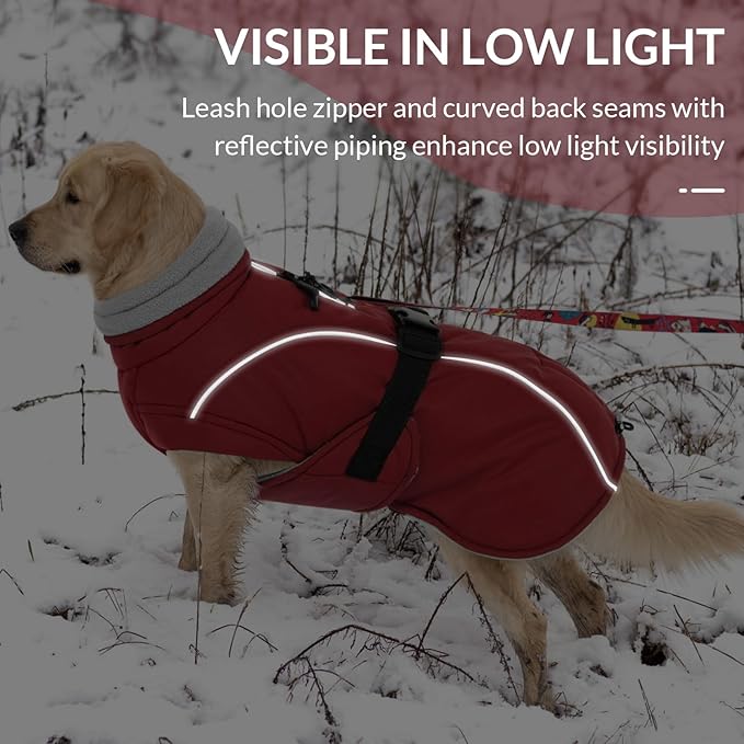 Queenmore Medium Dog Coat, Winter Dog Jacket, Waterproof Puffy Dog Snowsuit, Adjustable Reflective Fleece Lining Warm Padding Parka for Cold Weather, Red M