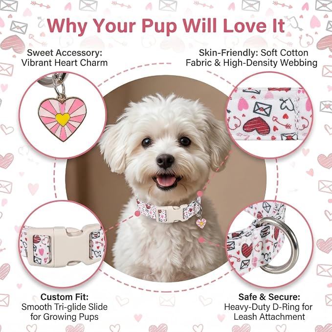 Extra Small Dog Collar, Lightweight & Soft Adjustable Polyster Dog Collar for Girl Female Dogs, Vibrant Red/Pink Heart Dog Neckwear for Chihuahua, Yorkie, Teacup Breeds