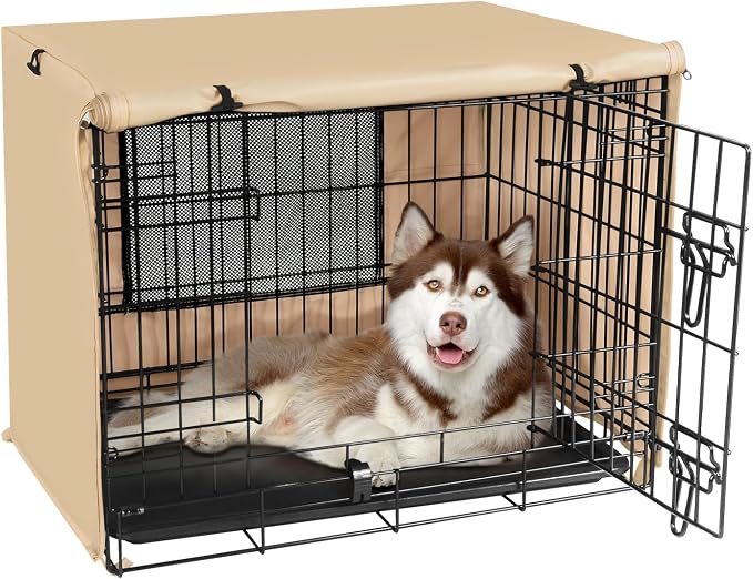 Seiyierr Dog Crate Cover - Kennel Cover Fit for 48 Inch Dog Crate, Double Door Polyester Crate Cover for Wire Dog Crate Indoor Outdoor Protection, Light Tan