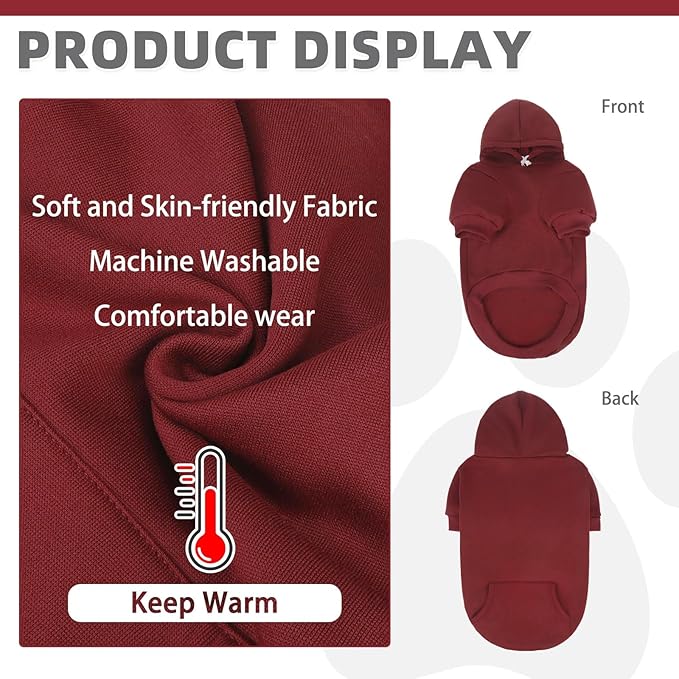 KOOLTAIL Basic Dog Hoodie - Soft and Warm Dog Hoodie Sweater with Leash Hole and Pocket, Pet Winter Coat, Cold Weather Clothes Sweatshirt for Small Medium Large Dogs Puppy Cat Boys Girls Deep Red XL