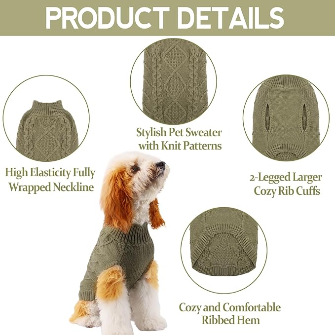 TONY HOBY Small Dog Sweaters Knitted Warm Dog Sweatshirt, Doggy Winter Coat Puppy Cold Weather Pullover Classic Knitwear Doggie Sweater, Thick Warm Winter Pet Clothes (L, Grey Green)
