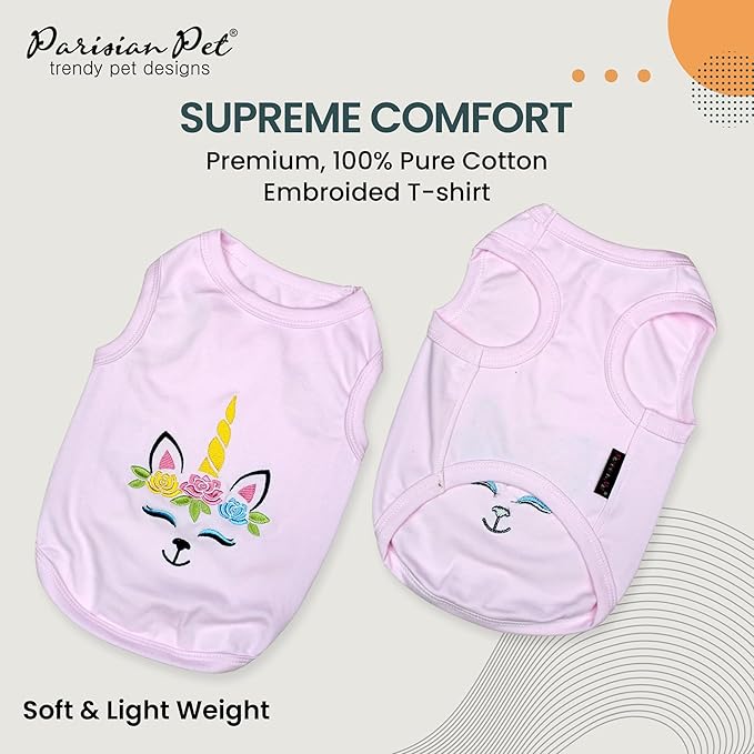 Parisian Pet Dog Tshirt - Embroidered Unicorn Girl Pet Vest - 100% Cotton, Lightweight Dog Clothes, Female Tank Top - Sleeveless Pink Tee Shirts for Large Dogs - 2XL