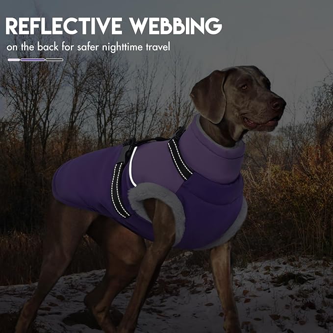 Dog Coat with Harness Built, Dog Winter Jacket with Zipper Closure, Warm Pet Fleece Puffer Coat with Reflective Strips & Furry Collar, Waterproof Snowsuit for Medium Large Dogs - Purple L