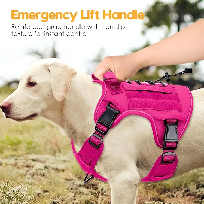 Heavy-Duty Tactical Dog Harness for Large Dogs, No Pull Adjustable Reflective Pet Vest with Molle System, K9 Military-Grade Control for Service Training, Outdoor & 10+ Breeds, Hot Pink, XX-Large