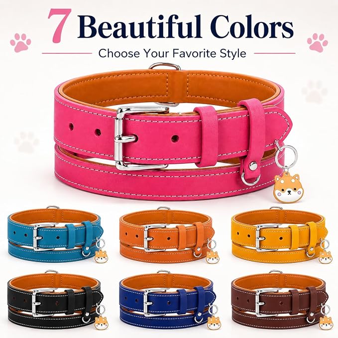 Genuine Leather Dog Collar, Soft Padded Leather Dog Collars with Airtag Holder Case for Small Medium Large X-Large Dogs,Comfort Heavy Duty Pet Collar with Durable Metal Buckle & D-Ring-Pink/S