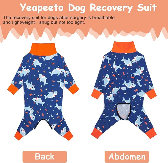 Dog Recovery Suit After Surgery Female Male, Medium Large Dog Neuter Shirt Cone Alternatives Prevent Licking Surgical Onesies (Blue Shark, XL)