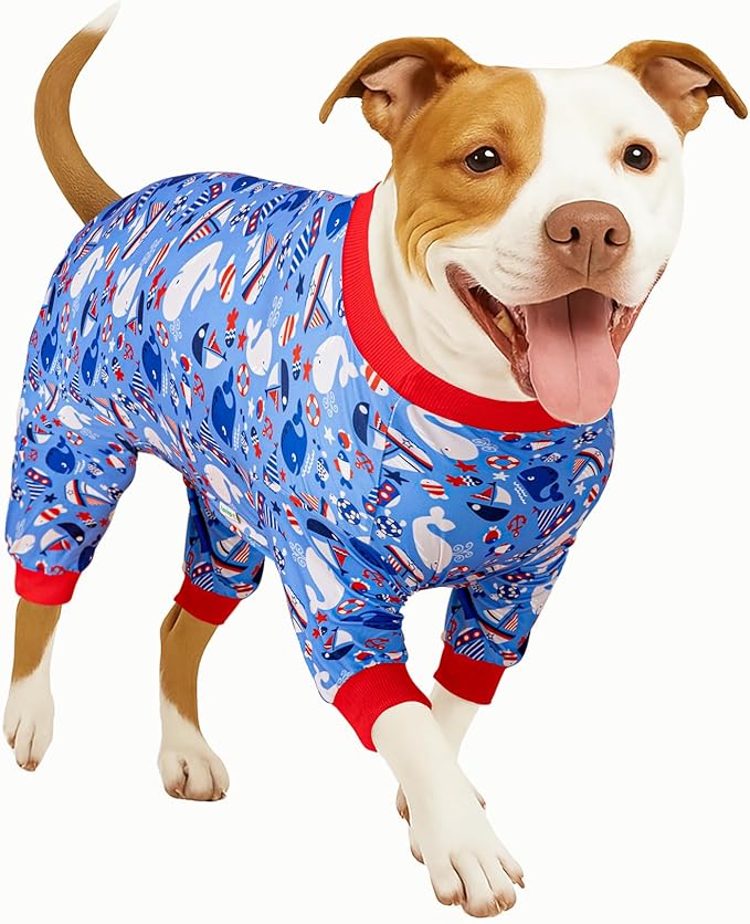 LovinPet Warm Dog Pajamas Large Size Dog, Pajamas for Pitbulls,Lightweight Stretch Jersey Knit,Blue Nautilus Print, Uv Protection Shirt, Pitbull Shirt, Onesies for Dogs, Pitbull Clothes,Medium