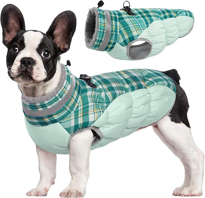 FUAMEY Dog Coat for Medium Dogs,Waterproof Dog Winter Jacket with Harness Built in Puppy Cold Weather Coats Reflective Pet Vest with Zipper Warm Fleece Dogs Snowsuit Windproof Green Plaid M