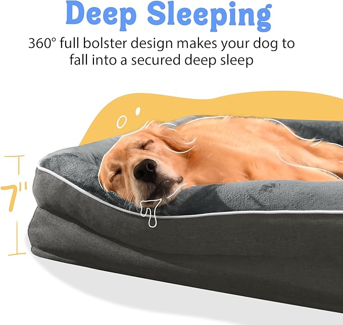 Washable Orthopedic Large Dog Bed - Dog Beds Large Sized Dogs with Removable Cover Waterproof Pet Bed with Bolster for Extra Large Pet