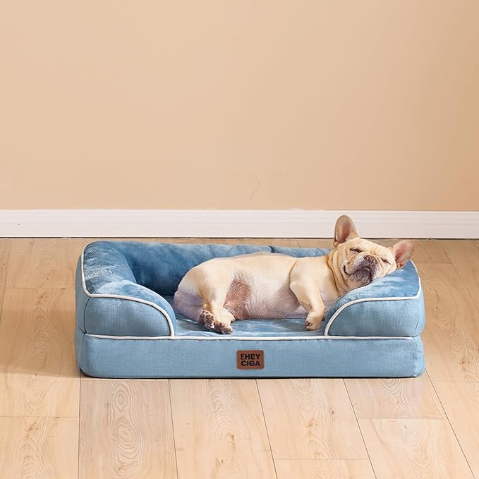 EHEYCIGA Orthopedic Dog Beds for Large Dogs, Waterproof Memory Foam Large Dog Bed with Sides, Non-Slip Bottom and Egg-Crate Foam Pet Couch Bed with Washable Removable Cover, Washed Blue