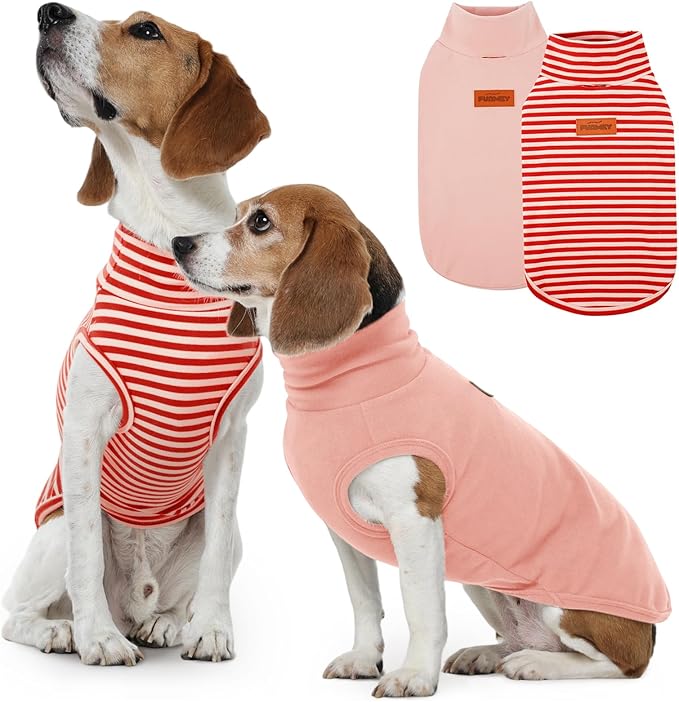 FUAMEY 2 Pack Dog Fleece Vest for Medium Dogs,Yorkshire Bichon Schnauzer Stretchy Dog Sweatshirts Warm Dogs Pullover Winter Pet Sweaters with Leash Hole Puppy Turtleneck Sleeveless Pink Stripes M