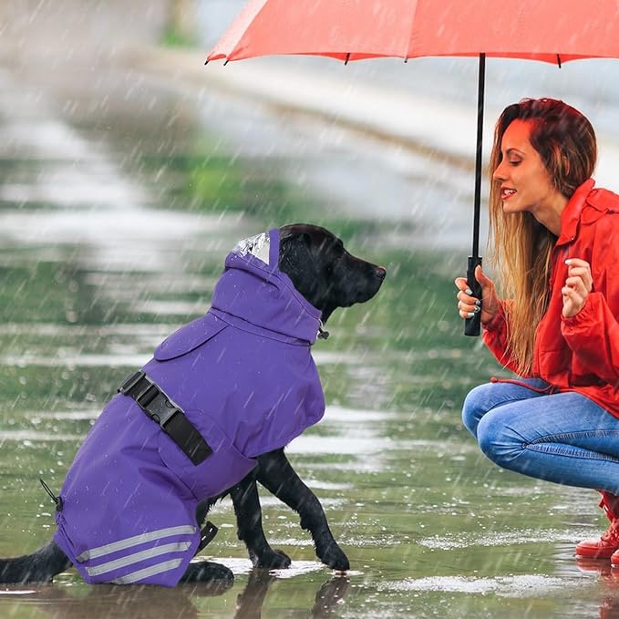 IECOii Waterproof Dog Raincoat with Reflective Strips - Adjustable Dog Rain Jacket for Small Medium Large and Giant Dogs, Windproof Pet Rain Coat with Hood for Outdoor Walking, Hiking, Purple