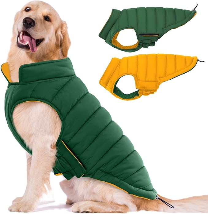 Lelepet Reversible Dog Coat Waterproof Dog Jacket Windproof Puffer Vest for Winter Warm Lightweight Coats for Large Dogs Adjustbale Hook & Loop Pet Apparel with Leash Hole, Golden Retriever, 3XL