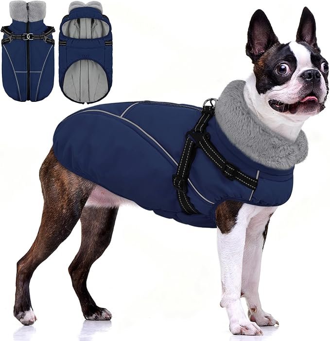 AOFITEE Dog Winter Coat, Waterproof Dog Jacket with Harness Built in, Warm Fleece Dogs Coats for Medium Dogs, Reflective Cozy Thermal Pet Puffer Jacket Snowsuit with Zipper & Furry Collar, Blue M
