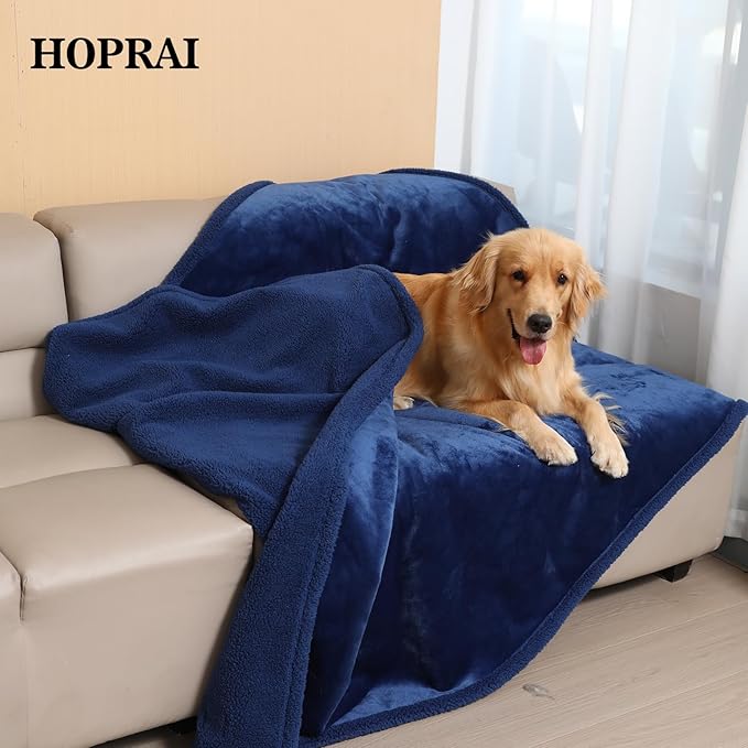 HOPRAI Dog Blanket, Waterproof Reversible Sherpa Fleece Throw Blanket, Furniture Cover for Bed, Couch, Sofa Protection from Liquid Pee and Pet Fur of Puppy, Cat (Navy Blue S28*39inches)