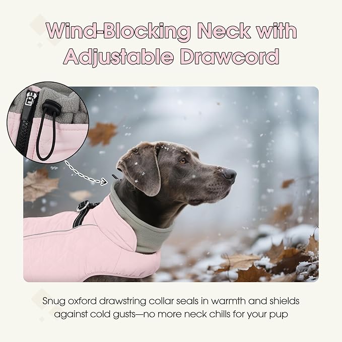 QBLEEV Dog Coat for Large Dogs, Winter Warm Fleece Vest, Waterproof & Windproof with Adjustable Fit, Built-in Harness, Reflective Trim & Zip-Up for Safe Cozy Walks — Pink, XXXL, Fits Great Dane