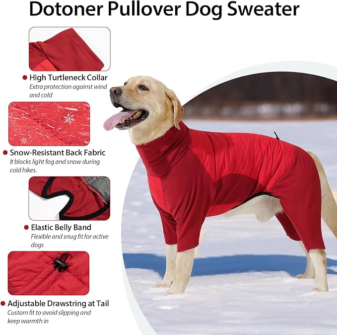 Dotoner Dog Sweater Warm Fleece Pullover Winter Sweatshirt with Turtleneck Leash Opening Waterproof Back Four Leg Cozy Clothes for Medium Large and Small Dogs