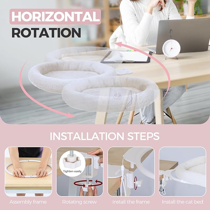 Rotating Cat Desk Bed for Remote Workers, Home Office Staff and Gamers ，Quality Soft Cat Bed, 360° Swivel, Removable Washable Cushion, Comfortable and Easy to Assemble, Supports up 40 lbs(White)