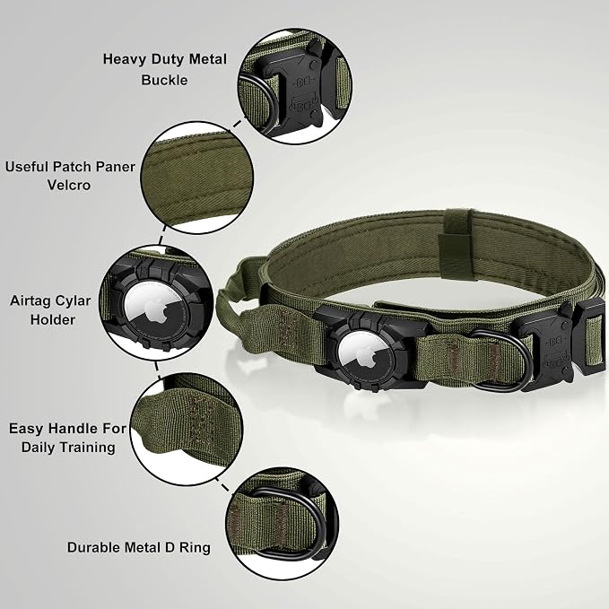 Tactical AirTag Dog Collar Leash Set - Heavy Duty, Adjustable GPS Collar