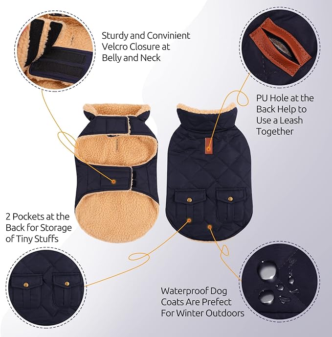 Queenmore Warm Puffer Dog Coat, Quilting Winter Jacket Ultra Thick Plush Lining with Storage Pockets (Dark Navy, Small)