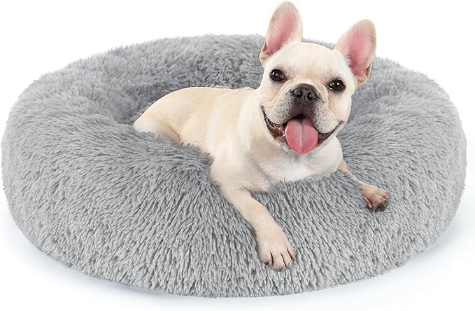 rabbitgoo Calming Dog Bed for Small Medium, 27 inches Pet Bed Machine Washable, Non-Slip Round Fluffy Plush Faux Fur, Soft Donut Cuddler Cushion for Small Dogs, Light Grey