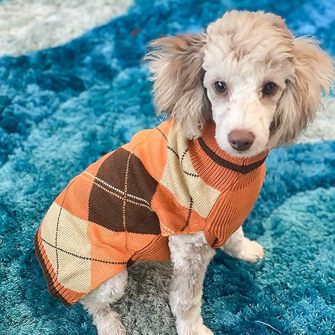 KOOLTAIL Fall Dog Sweater Pet Knitted Clothes - Classic Plaid Pullover Turtleneck Thanksgiving Dog Sweaters with Leash Hole, Thick Cold Weather Pet Outfits for Small Medium Large Dogs Cats Puppy L