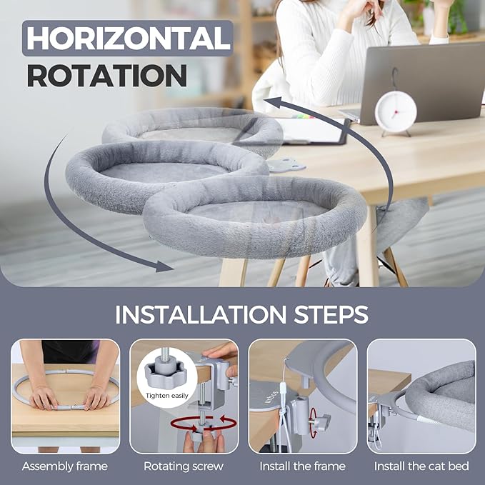 Rotating Cat Desk Bed for Remote Workers, Home Office Staff and Gamers ，Quality Soft Cat Bed, 360° Swivel, Removable Washable Cushion, Comfortable and Easy to Assemble, Supports up 40 lbs(Dark Gray