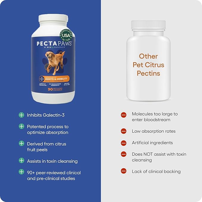 ecoNugenics PectaPaws Chewable Dog Supplements – Beef Flavor, 90 Count – PectaSol Modified Citrus Pectin + Glucosamine HCI for Dogs of All Ages, Supports Mobility, Joints, Immune Function, Pain Relief