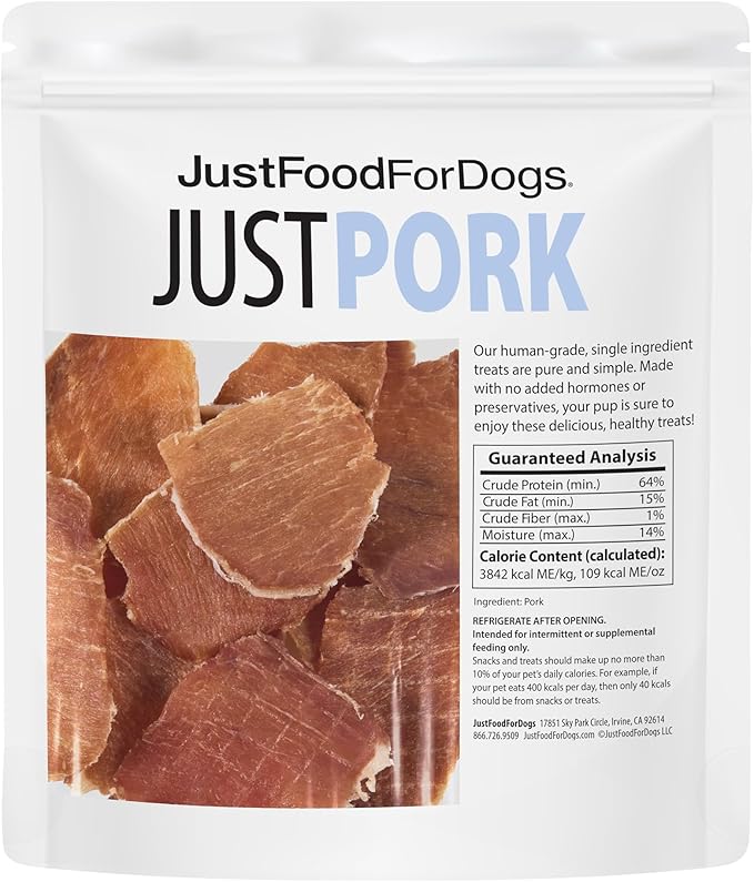 JustFoodForDogs Healthy Dog Treats, Pork, Single-Ingredient, Made in The USA, 5 oz