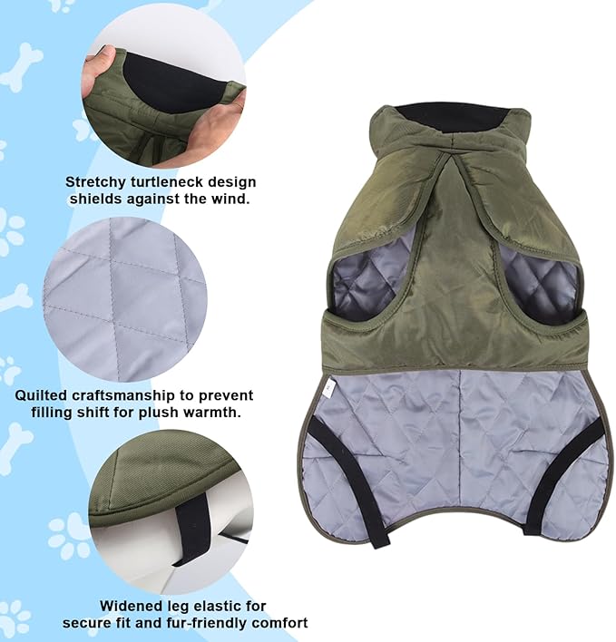DoggieKit Dog Winter Coat, Waterproof Warm Jacket with Harness Built in, Reflective Cold Weather Doggie Vest, Windproof Turtleneck Pet Snowsuit, Adjustable Puffer Jacket for Medium Dogs, Green 2XL