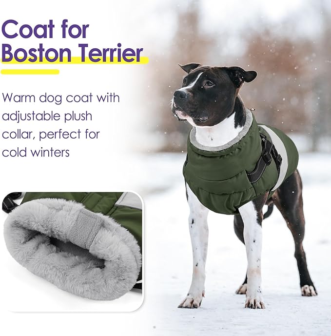 SUNFURA Dog Jacket, Large Dog Coat with Harness Built in, Warm Pet Winter Jacket Zippered Snow Coat with Furry Collar, Waterproof Fleece Snowsuit for French Bulldog, Army Green L