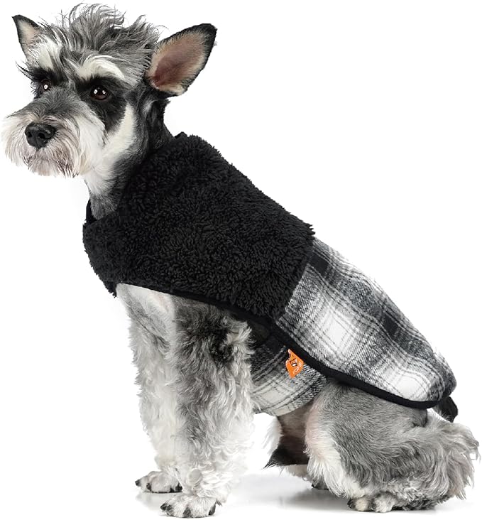 FOFOS Dog Winter Coat, Plush Dog Jacket with Leash Hole, Adjustable Warm Pet Snow Vest for Small Medium Dogs, Black, M
