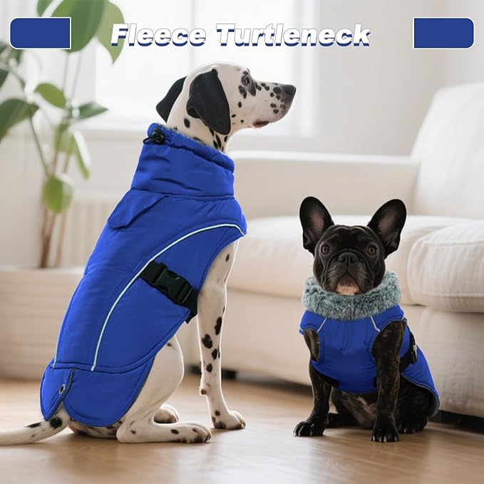 DENTRUN Winter Warm Dog Coat Reflective Jacket with Turtleneck for Cold Weather, Adjustable Buckle Windproof Water Repellent, Thick Snowsuit Fleece Vest for Small, Medium, Large Dogs, Blue, L
