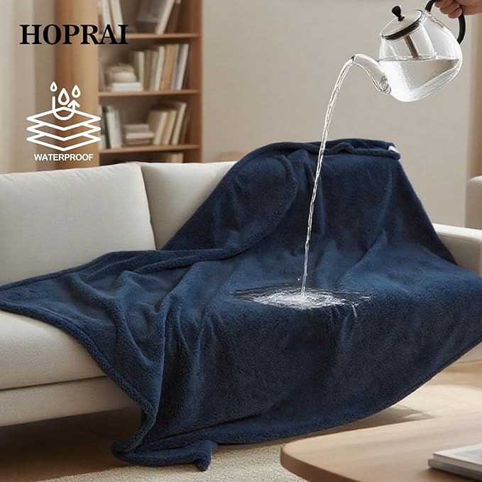 HOPRAI Dog Blanket, Waterproof Reversible Sherpa Fleece Throw Blanket, Furniture Cover for Bed, Couch, Sofa Protection from Liquid Pee and Pet Fur of Puppy, Cat (Navy Blue S28*39inches)