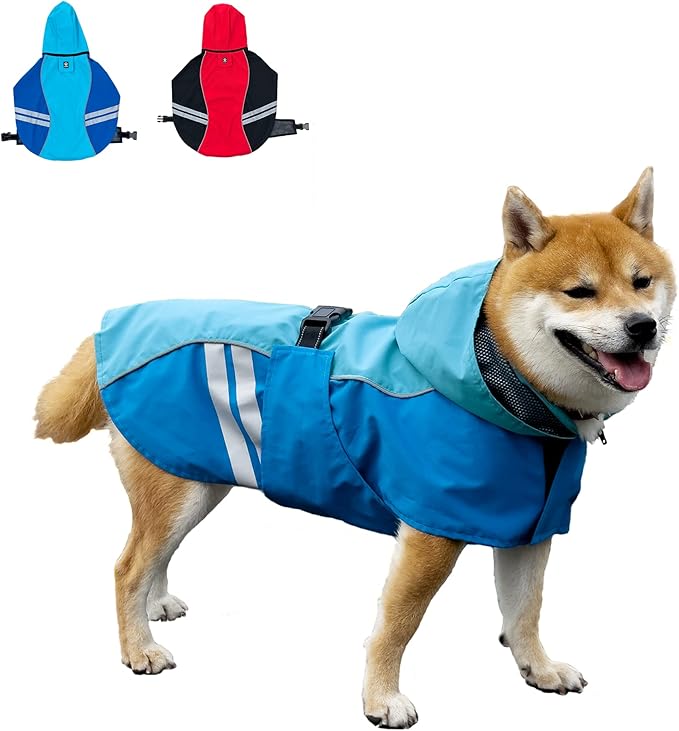 Dog Raincoat for Medium Large Extra Large Dogs, Waterproof Rain Jacket with Reflective Strap, Lightweight Hoodies Full-Body Coverage Dry Clothes (M, Blue)