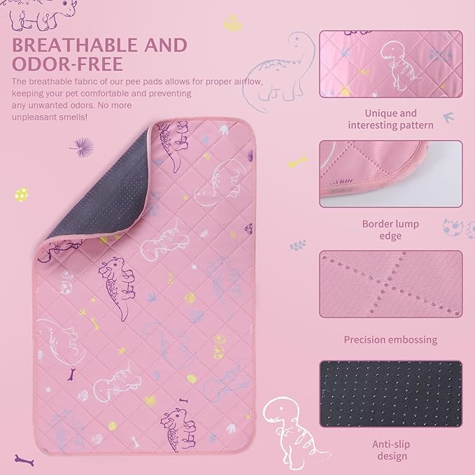 IEUUMLER Washable Pee Pads for Dogs, 2 Pack Non-Slip & Waterproof Pack Whelping Pad, Reusable Washable Puppy Potty Training Pad with Fast Absorbent for Playpen EU007 (Pink Dinosaur, 36"X24"-2pcs)